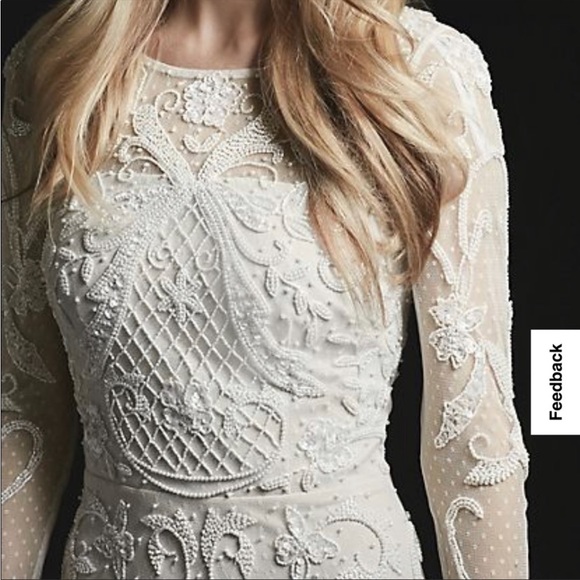 Davids Bridal all over scroll beaded illusion long sleeve gown BRAND NEW - Picture 2 of 5